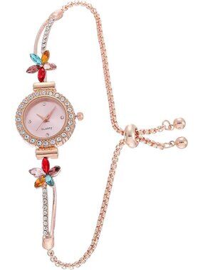 Women's Pink Analog Quartz Light Simple Floral Bracelet Diamond Luxury Watch